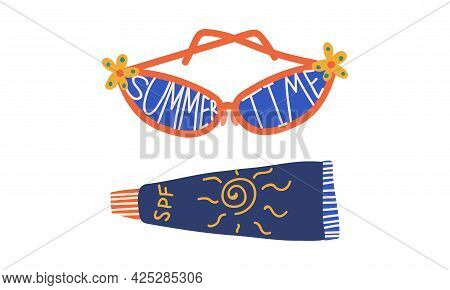 Summer Holiday And Beach Resort Symbols With Sunglasses And Suncream Vector Set