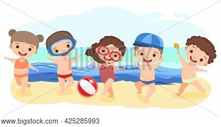 Children Are Having Fun On The Sandy Beach. Sea Ocean. Summer Landscape. Lake. Isolated On White Bac