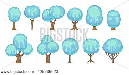 Set Of Fabulous Sweet Trees. For Landscapes With Blue Caramel, Ice Cream Or Jelly. Perspiration. Chi
