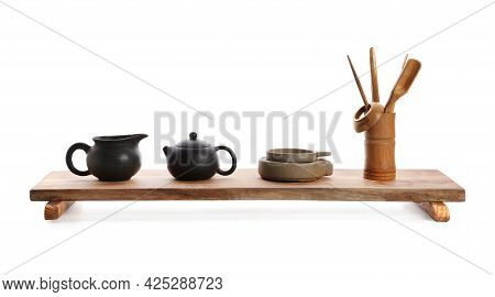 Beautiful Set For Traditional Tea Ceremony On White Background