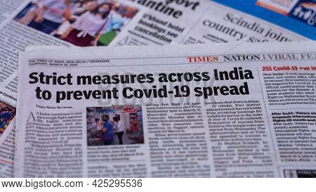 Dehradun, Uttarakhand India June 28, 2021. Coronavirus Covid-19 News Headline In Newspaper Of India.