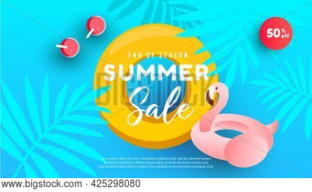 Summer Sale Design With Ocean, Tropical Leaves And Pink Flamingo Inflatable Circle For Flyer, Invita