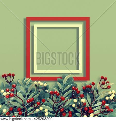 Autumn Oak And Rowan Branches With Red Berries On Green Background.
Flat Lay, Top View, Copy Space C