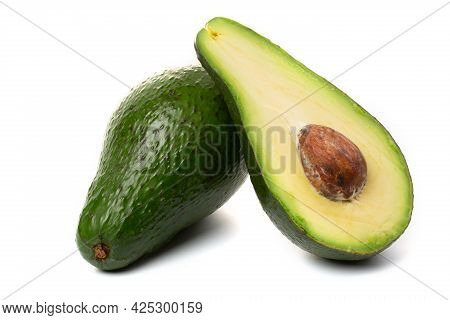 Avocado Whole Fruit And Slices, Isolated On A White Background