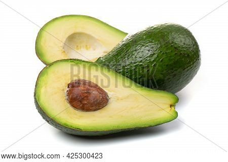 Avocado Whole Fruit And Slices, Isolated On A White Background