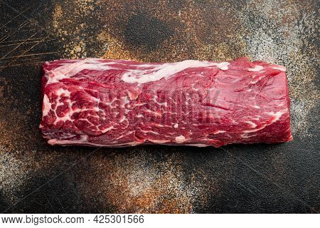 Gourmet Portion Of Raw Fresh Marbled Beef Fillet Set, On Old Dark Rustic Background, Top View Flat L