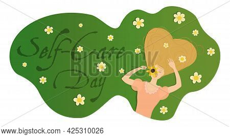 Vector Illustration Banner With A Girl Lying On A Field Of Chamomiles With Her Heir Forming A Heart.