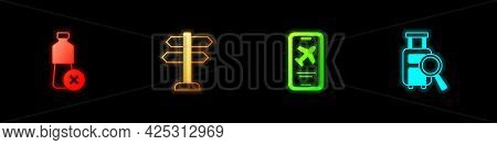 Set No Water Bottle, Road Traffic Sign, Mobile With Ticket And Lost Baggage Icon. Vector