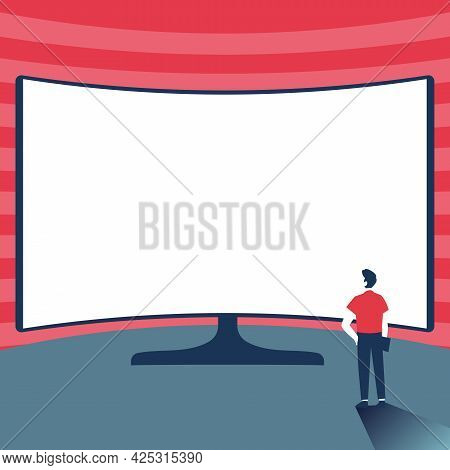 Man Standing Illustration Standing Infront Of Huge Display Monitor, Gentelman Watching Extra Large P