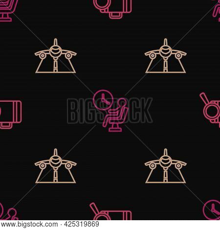 Set Line Lost Baggage, Plane And Human Waiting In Airport Terminal On Seamless Pattern. Vector