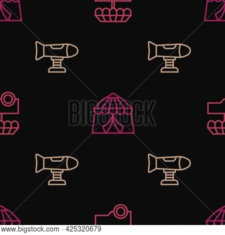 Set Line Fast Street Food Cart, Swing Plane And Circus Tent On Seamless Pattern. Vector