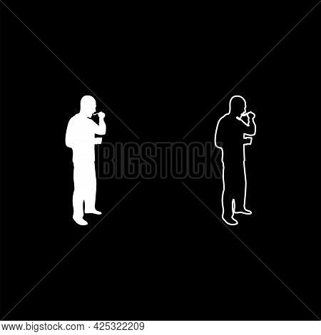 Man Trying Food From Spoon Standing Tasting Concept Gourmet Tries Dish Chef Trying Silhouette White 