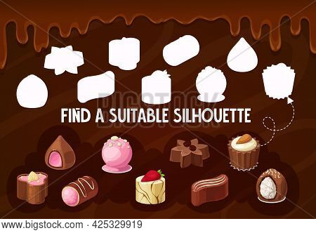 Chocolate Sweets, Truffle Candies, Praline Find A Silhouette Riddle Game. Shadow Match Vector Maze F