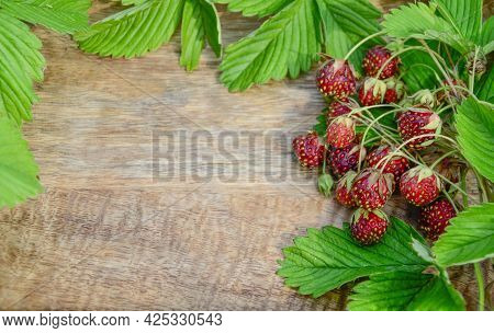 Wild Strawberry Berries And Leaves On Wooden Background With Copy Space. Summer Background. Concept