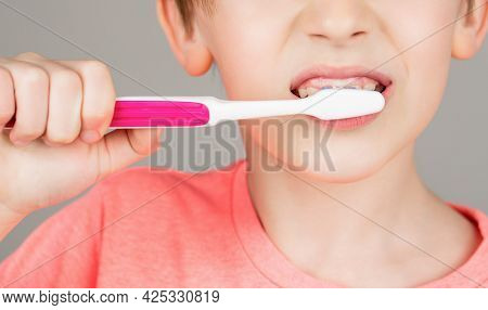Kid Boy Brushing Teeth. Boy Toothbrush White Toothpaste. Health Care, Dental Hygiene. Joyful Child S
