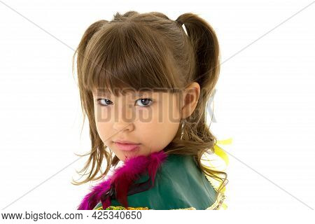 Close Up Portrait Of Girl Wearing Ethnic Costume. Beautiful Preteen Girl Dressed Colorful Dance Cost