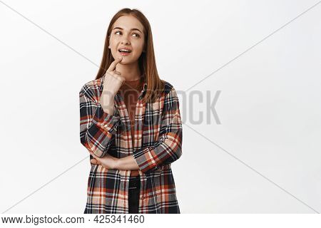 Portrait Of Young Thoughtful Female Moel, Girl Looks Aside Ponders, Thinks Of Smth Interesting, Has 