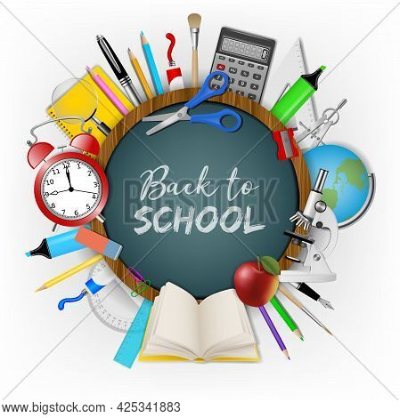 Back To School Background With Realistic School Supplieas Around A Round Chalkboard
