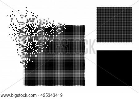 Damaged Dotted Square Pictogram With Halftone Version. Vector Wind Effect For Square Pictogram. Pixe