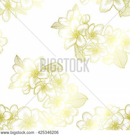 Beautiful Golden Seamless Floral Pattern With Apple Flowers Over White. Nature Botanical Gold Vector