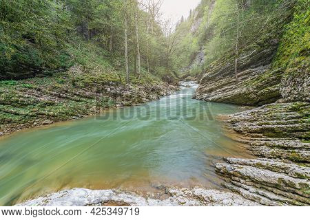 Kurdzhips River In The Deep Narrow Guam Canyon. Western Caucasus. Russia.