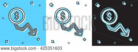 Set Dollar Rate Decrease Icon Isolated On Blue And White, Black Background. Cost Reduction. Money Sy