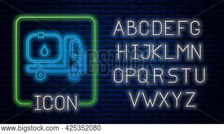 Glowing Neon Fuel Tanker Truck Icon Isolated On Brick Wall Background. Gasoline Tanker. Neon Light A