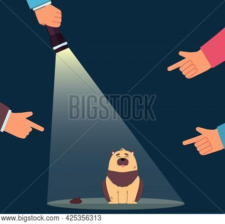 Fingers Pointing At Guilty Dog Flat Vector Illustration. Beam Of Flashlight Aimed At Pet Making A Me