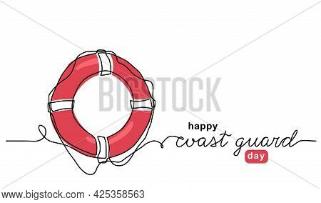 Red Lifebuoy One Line Art Illustration. Coast Guard Day Vector Background, Banner, Poster With Lette