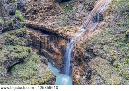 Kurdzhips River And Waterfall In The Deep Narrow Guam Canyon. Western Caucasus. Russia.
