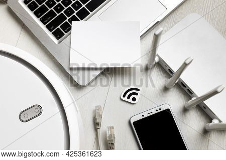 Top View Wi Fi Router With Wireless Controlled Devices. High Quality Beautiful Photo Concept