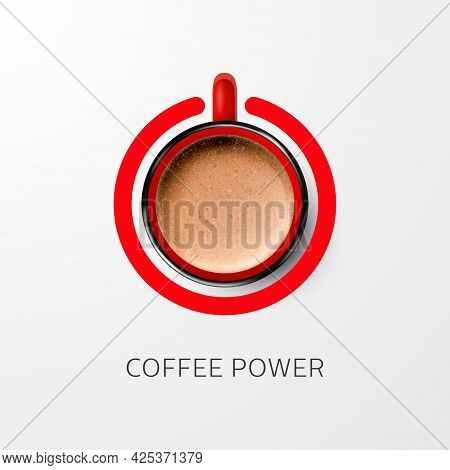 Coffee Power Concept. Vector 3d Realistic Red Mug With Milk Foam Coffee - Capuccino, Latte, American