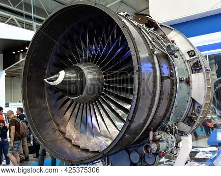 Aircraft Engine. Close-up Of A Ukrainian-made Turbojet Engine D-436-148fm Ivchenko Progres At The In