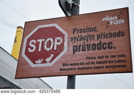 Road Prohibition Sign On The Territory Of The Kozelsky Brewery With A Yellow Pipe. Velke Popovice. C