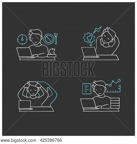 Workaholic Chalk Icons Set. Workaholism Prevention, Consequences. Depersonalization, Counterproducti