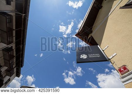 Bled, Slovenia - June 13, 2021: Telekom Slovenije Logo On A Sign On Their Shop In Bled. State Owned,