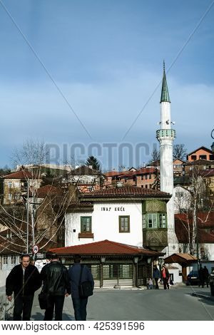 Sarajevo, March 29, 2010: Selective Blur On Inat Kuca Restaurant And Minaret Of Hadzijska Dzamija Mu