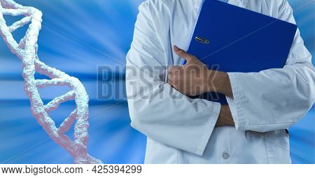 Mid section of male doctor holding a file against dna structure on blue background. medical research and science technology concept