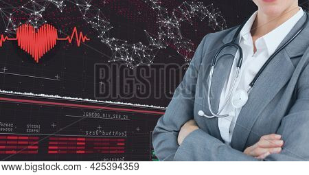 Mid section of female doctor against network of connections and medical data processing. medical research and science technology concept