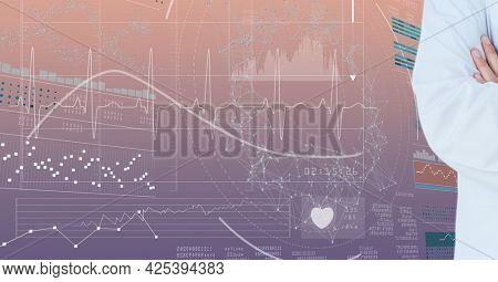 Mid section of male doctor against network of connections and medical data processing. medical research and science technology concept