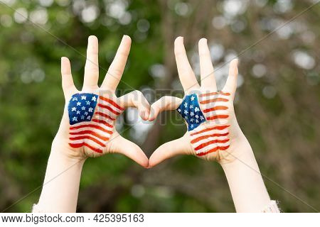 Hands Of Child Painted In American Flag Color In Heart Shape. Patriotic Holiday. Independence Day, F