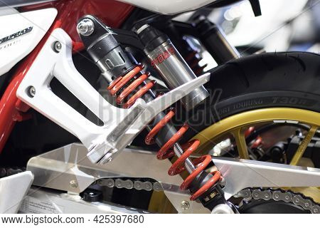 Nonthaburi Thailand -dec 9, 2020:-  Red Shock Absorbers Of Honda Motorcycle For Absorbing Jolts At I