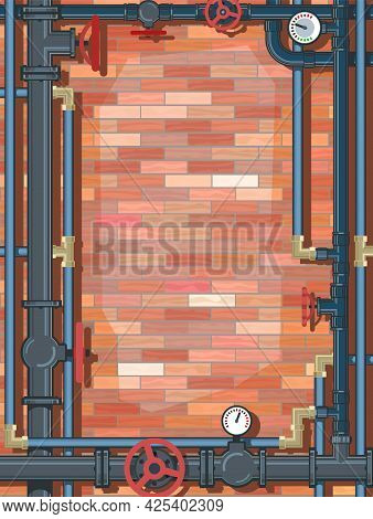 Pipeline. Frame With Place For Text With Brick Background. Water Fittings. Pipeline For Various Purp