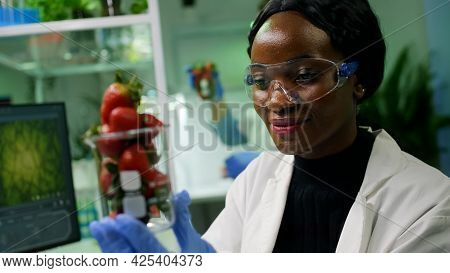 African Researcher Looking At Glass With Healthy Strawberry Examining Ecology Test. In Background He