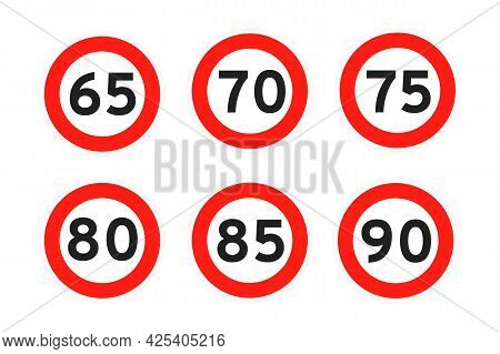Speed Limit 65, 70, 75, 80, 85, 90 Round Road Traffic Icon Sign Flat Style Design Vector Illustratio