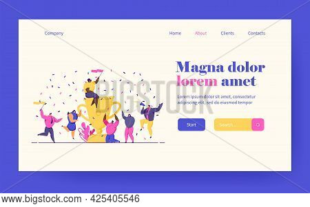 Business Team Giving Winning Party, Celebrating Success, Getting Reward, Dancing Around Huge Prize C