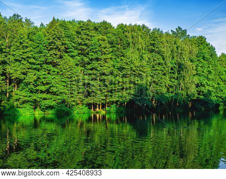 The Beautiful And Peaceful View On The River And The Green Trees On Its Brink. The Spring Or Summer 