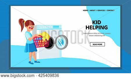 Girl Kid Helping Mother With Housework Vector. Daughter Kid Helping Mom For Loading Clothes In Laund