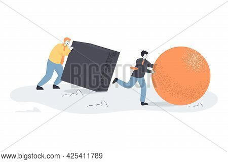 Business People Pushing Abstract Figures. Flat Vector Illustration. Two Men Finding Efficient, Innov