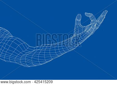 Hand Hold Some Tiny Or Thin Object. Vector Rendering Of 3d. Wire-frame Style. Hand Hold Somethin